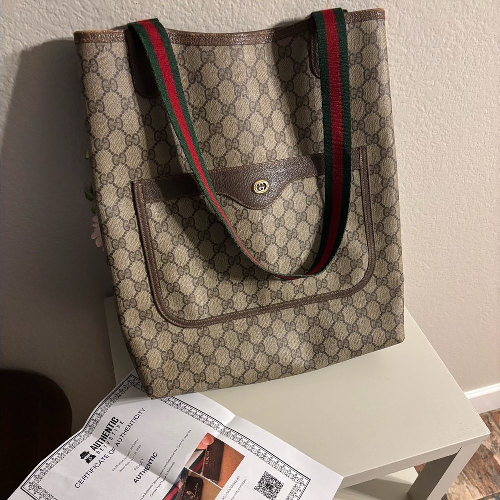 Gucci Beige and Brown Tote Bag with Green and Red Straps